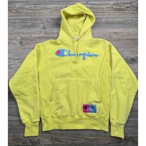 Champion Reverse Weave Hoodie Adult S Neon Yellow Heavy Hooded Chenille Applique